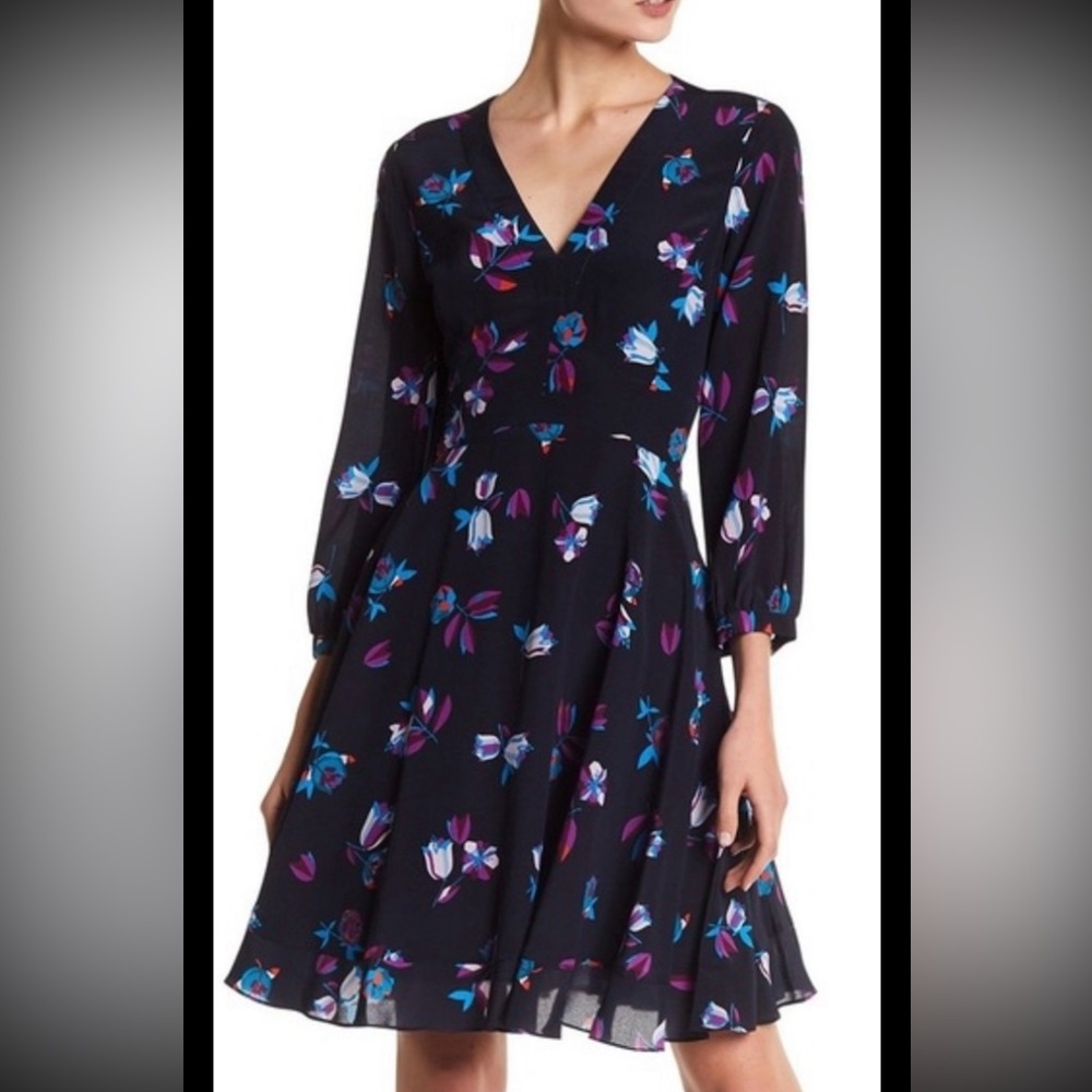 REBECCA TAYLOR 100% Silk Dress Navy Blue Floral Tulips Fit Flare Long Sleeves